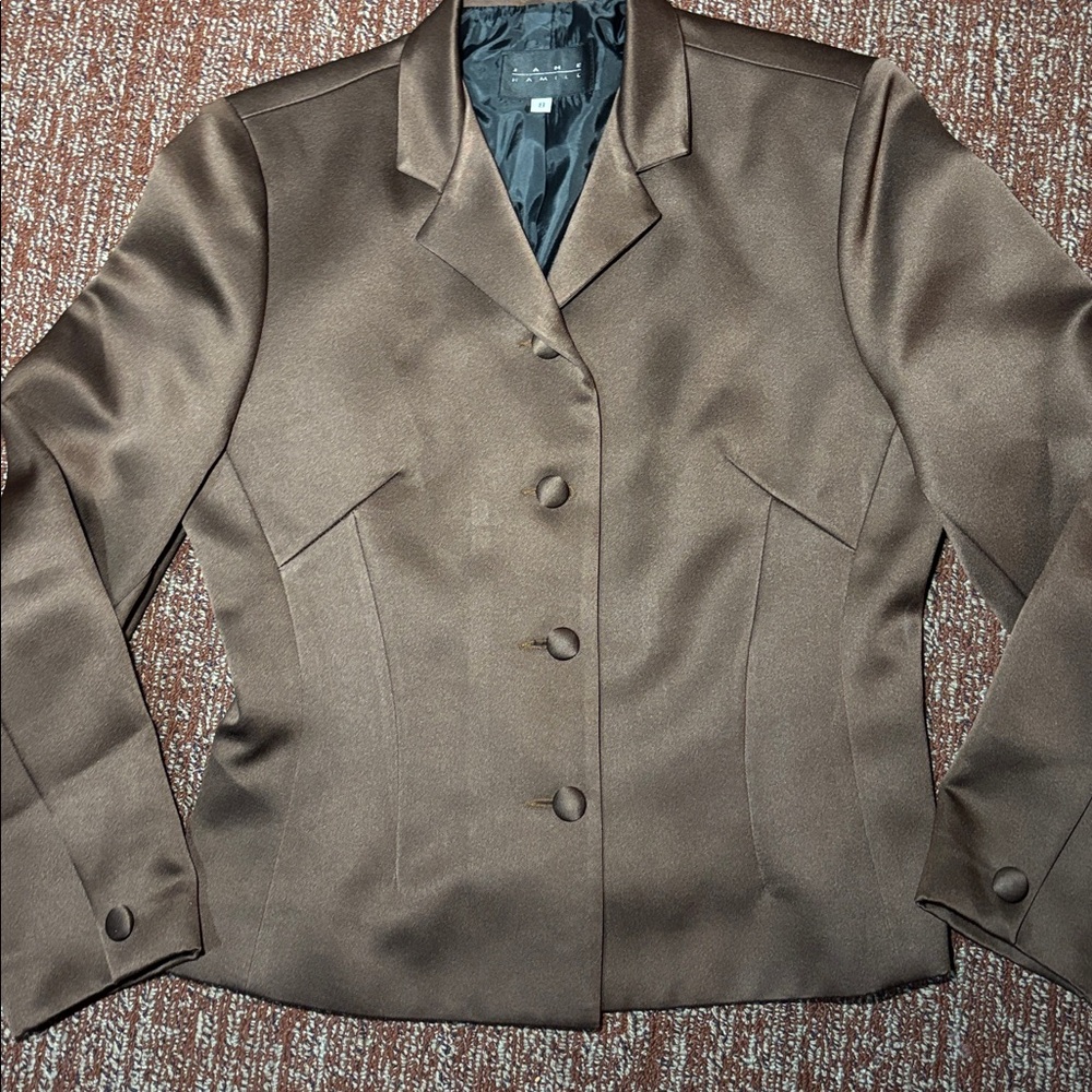 Chocolate Brown Satin Blazer fitted women’s blazer shiny button front structured